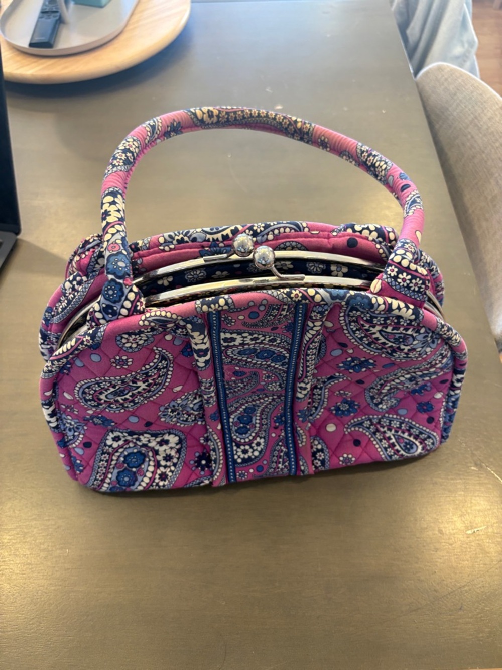 Vera Bradley Pink Paisley Quilted Shoulder Bag with Blue & Cream Accents